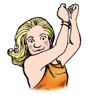 Becky is a young blonde woman, clapping her hands over her head.