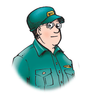 Gordon is a young white man in a trucker cap and cover-alls.