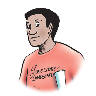 Lawrence is a young mixed-race man with short, curly hair and light brown skin.