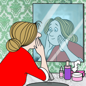 Elly looking at her aging face in the mirror