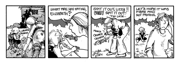 Elly tries to stop Lizzie from eating something off the ground.