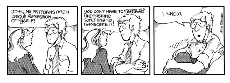 John tries to appreciate Elly's art without understanding it.