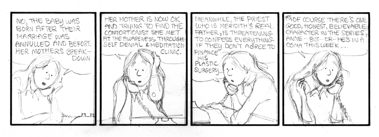 Elly talks about her soaps over the phone.