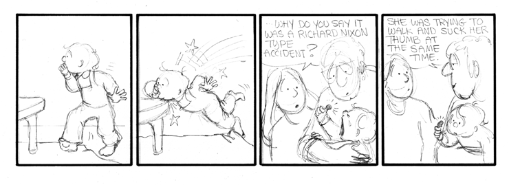 Elizabeth tries to walk and suck her thumb at the same time.