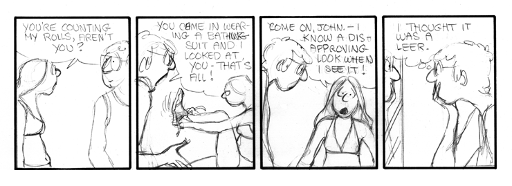 Elly thinks John is counting her fat rolls.