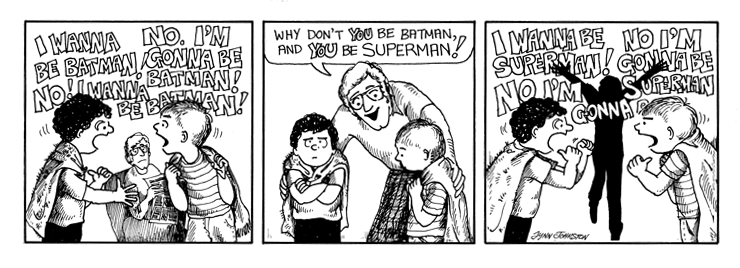 Michael and Lawrence argue over who gets to be Batman or Superman.