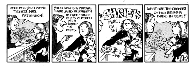 Elly tries to get Elizabeth her own seat on the plane.